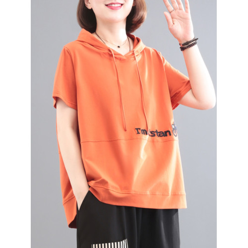 孔雀飛飛夏裝新款韓版大碼字母印花連帽套頭洋氣時尚休閒女t恤
