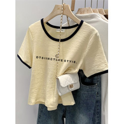 歐貨高品質短袖女t恤夏2025新款時尚百搭露鎖骨薄款拼色體恤上衣