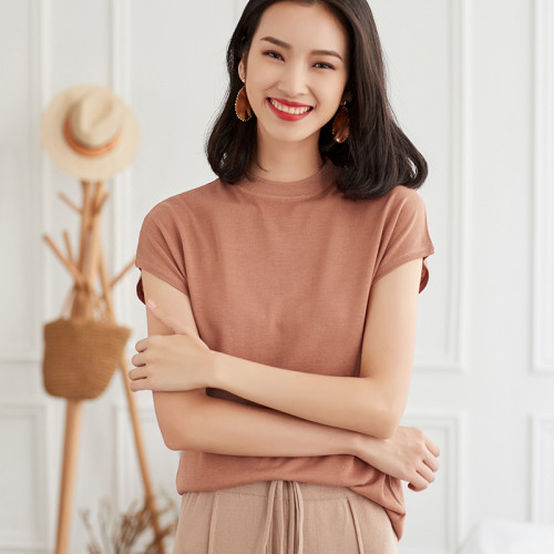天絲亞麻半高領無袖針織衫女T恤寬松新款圓領冰絲短袖坎肩上衣夏