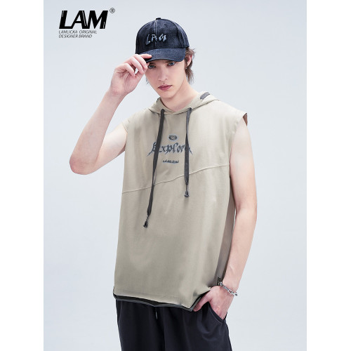 LAMLICKA夏季連帽套頭無袖背心男潮美式潮牌高街坎肩字母薄款上衣