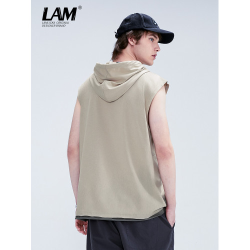 LAMLICKA夏季連帽套頭無袖背心男潮美式潮牌高街坎肩字母薄款上衣