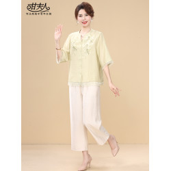 2025新款中老年女衣服新中式國風夏季端莊大氣媽媽套裝女t恤上衣