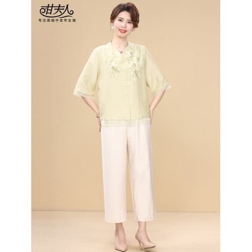 2025新款中老年女衣服新中式國風夏季端莊大氣媽媽套裝女t恤上衣