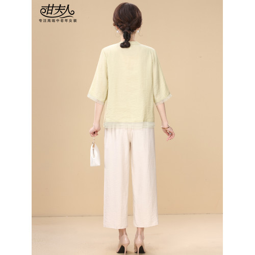 2025新款中老年女衣服新中式國風夏季端莊大氣媽媽套裝女t恤上衣