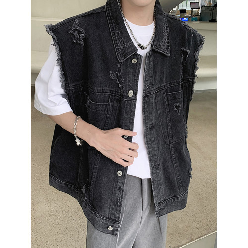 美式復古水洗破洞牛仔馬甲男款夏季潮牌ins痞帥寬松無袖坎肩外套