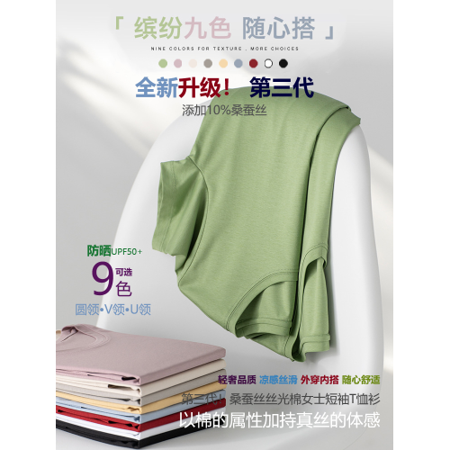 第三代10%桑蠶絲60支絲光棉涼感萊賽爾天絲短袖女T恤圓VU領白防曬