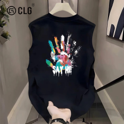 香港CLG潮牌美式街頭手掌印花純棉無袖t恤男夏季寬鬆圓領坎肩背心