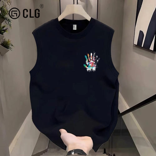 香港CLG潮牌美式街頭手掌印花純棉無袖t恤男夏季寬松圓領坎肩背心