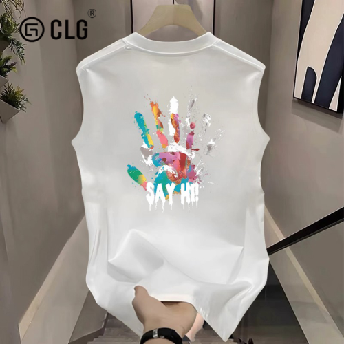 香港CLG潮牌美式街頭手掌印花純棉無袖t恤男夏季寬松圓領坎肩背心