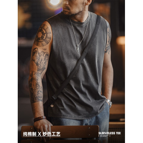 馬登工裝 美式復古硬漢做舊背心純棉運動健身打底坎肩無袖T恤男夏