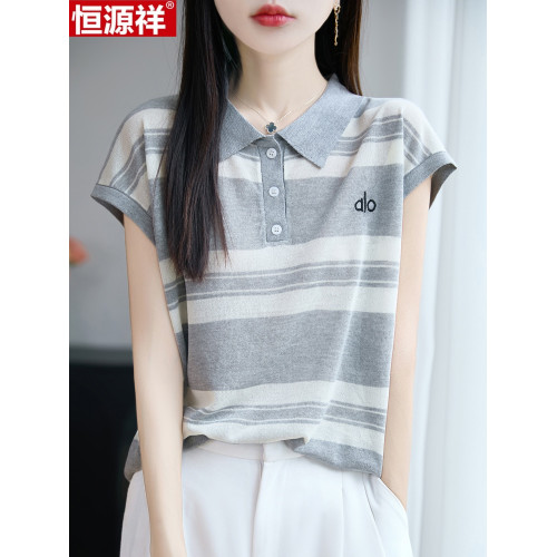 恒源祥純桑蠶絲短袖女T恤夏季新款寬松翻領針織上衣時尚條紋真絲
