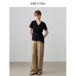 chunxili/春熙裡 女士小衫短袖V領 純色不規則棉+桑蠶絲舒適女T恤