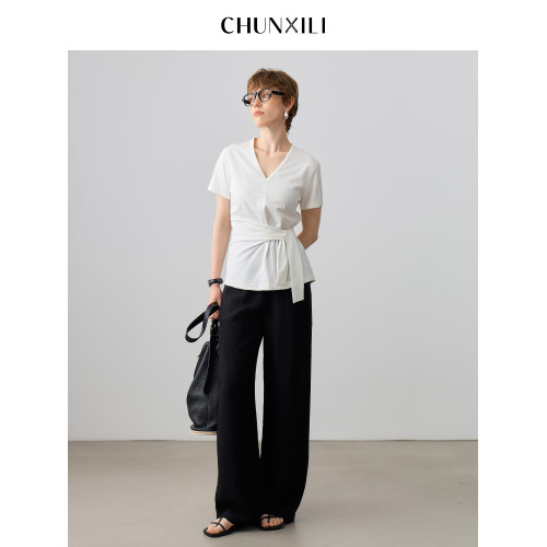 chunxili/春熙裡 女士小衫短袖V領 純色不規則棉+桑蠶絲舒適女T恤