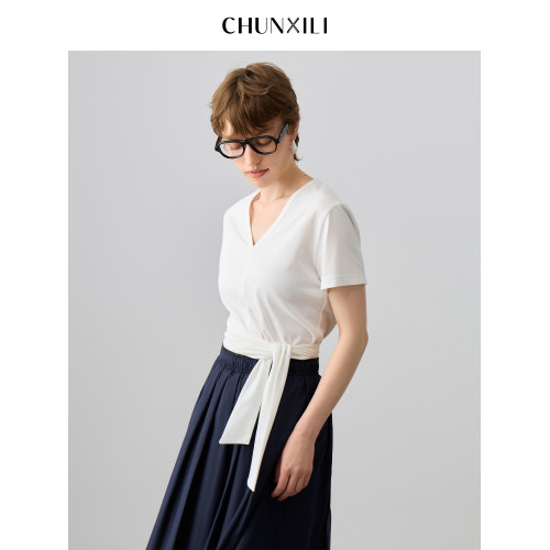 chunxili/春熙裡 女士小衫短袖V領 純色不規則棉+桑蠶絲舒適女T恤