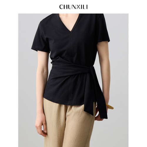 chunxili/春熙裡 女士小衫短袖V領 純色不規則棉+桑蠶絲舒適女T恤