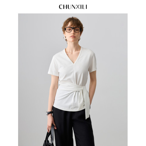 chunxili/春熙裡 女士小衫短袖V領 純色不規則棉+桑蠶絲舒適女T恤