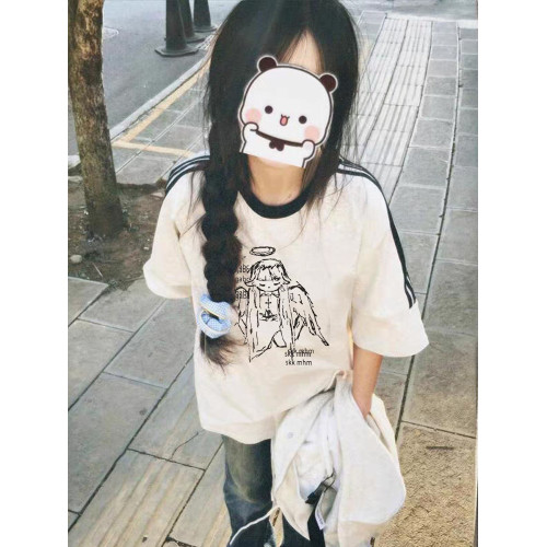 美式復古天使三條杠短袖女t恤夏2025寬松潮牌情侶巨好看夏日上衣