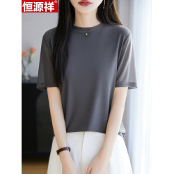 恒源祥桑蠶絲短袖女T恤夏季新款寬松圓領針織衫上衣網紗真絲短袖