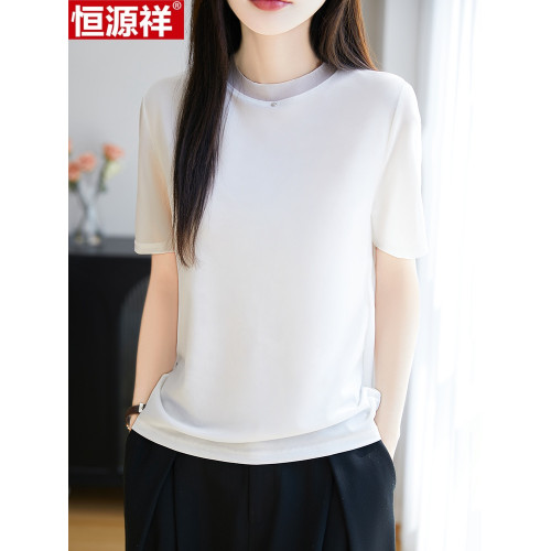 恒源祥桑蠶絲短袖女T恤夏季新款寬松圓領針織衫上衣網紗真絲短袖