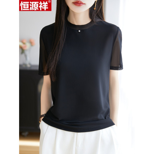 恒源祥桑蠶絲短袖女T恤夏季新款寬松圓領針織衫上衣網紗真絲短袖