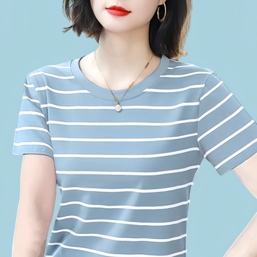 純棉媽媽短袖女t恤上衣2025年夏季新款寬松圓領半袖條紋洋氣小衫