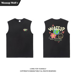 Wassup Wolf塗鴉印花背心男夏季新款美式潮牌坎肩情侶上衣無袖T恤