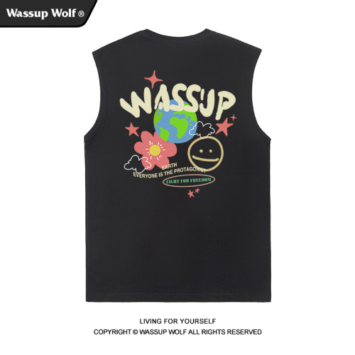 Wassup Wolf塗鴉印花背心男夏季新款美式潮牌坎肩情侶上衣無袖T恤