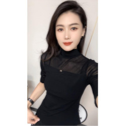 歐貨網紗露肩上衣女t恤半袖2024年秋裝打底衫新款秋衣中袖半高領