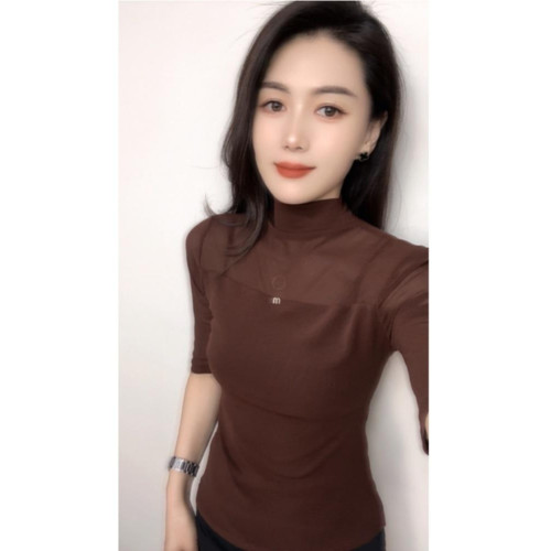 歐貨網紗露肩上衣女t恤半袖2024年秋裝打底衫新款秋衣中袖半高領
