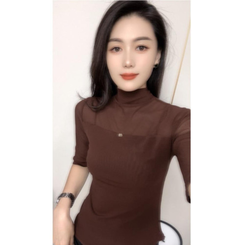 歐貨網紗露肩上衣女t恤半袖2024年秋裝打底衫新款秋衣中袖半高領