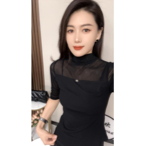 歐貨網紗露肩上衣女t恤半袖2024年秋裝打底衫新款秋衣中袖半高領