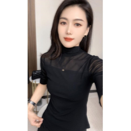歐貨網紗露肩上衣女t恤半袖2024年秋裝打底衫新款秋衣中袖半高領