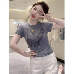 蝴蝶印花灰色圓領短袖t恤女2025新款夏季設計感小衆修身短款上衣