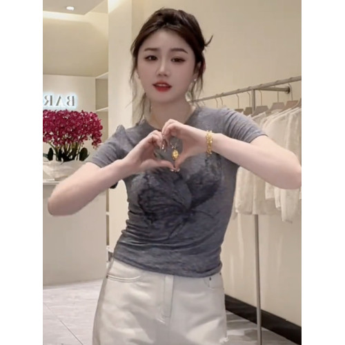 蝴蝶印花灰色圓領短袖t恤女2025新款夏季設計感小衆修身短款上衣