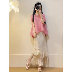 三宅皺褶粉色短袖女T恤小香風夏裝搭配一整套韓系巨顯瘦遮肉套裝