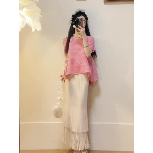 三宅皺褶粉色短袖女T恤小香風夏裝搭配一整套韓系巨顯瘦遮肉套裝