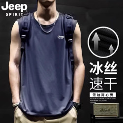 JEEP吉普短袖t恤男士夏季冰絲速乾透氣坎肩加大碼運動無袖背心男