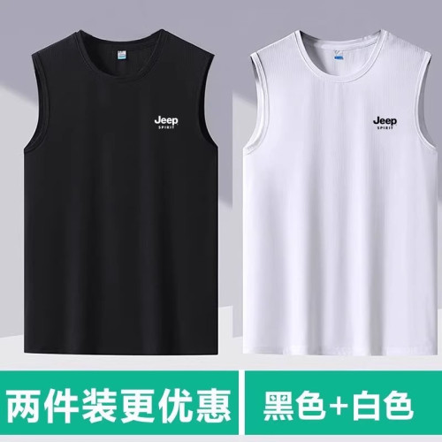 JEEP吉普短袖t恤男士夏季冰絲速乾透氣坎肩加大碼運動無袖背心男