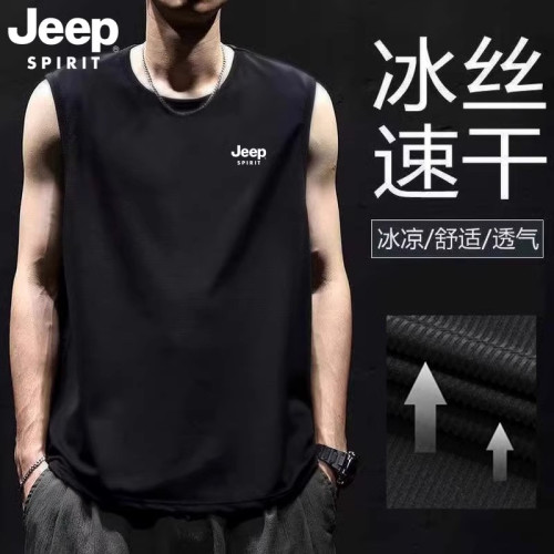 JEEP吉普短袖t恤男士夏季冰絲速乾透氣坎肩加大碼運動無袖背心男