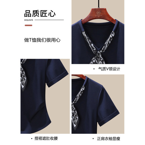 高級感純棉短袖女t恤2025新款夏季戴絲巾百搭減齡洋氣半袖V領上衣