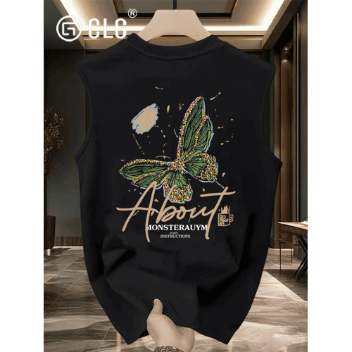 香港CLG潮牌無袖背心男夏季潮流彩繪蝴蝶印花坎肩外穿純棉T恤上衣