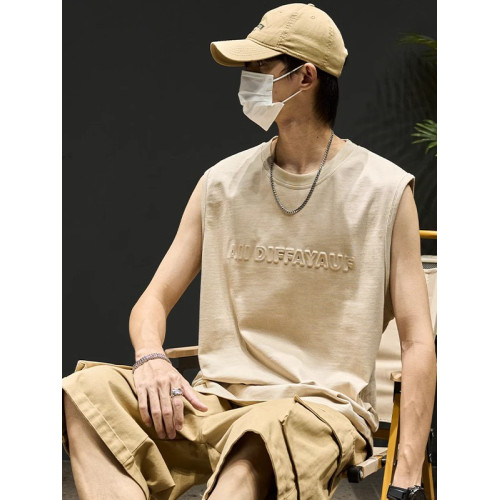 倉石一樹無袖t恤男ins日系簡約寬肩砍袖寬松純棉運動坎肩背心外穿