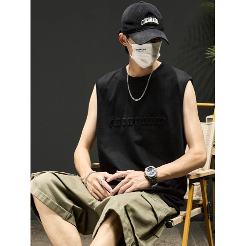 倉石一樹無袖t恤男ins日系簡約寬肩砍袖寬松純棉運動坎肩背心外穿