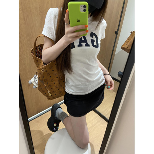 美式修身辣妹白色正肩女T恤夏季新款緊身印花短袖百搭減齡款上衣