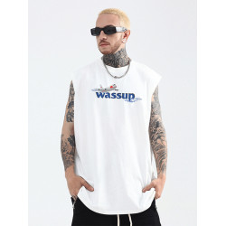 WASSUP HEODS夏季純色背心男士潮牌短袖寬松圓領t恤百搭運動坎肩