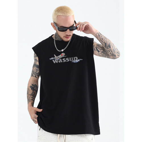 WASSUP HEODS夏季純色背心男士潮牌短袖寬松圓領t恤百搭運動坎肩