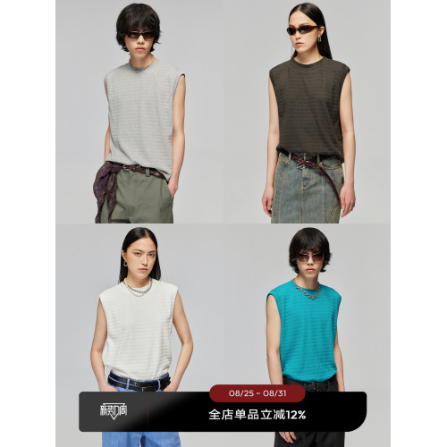 Simple Project混紡肌理基礎款斜線分割坎肩背心夏季無袖t恤上衣