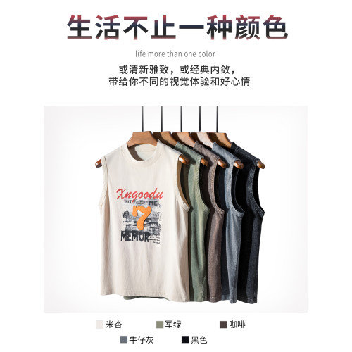 美式水洗純棉背心男2025新款潮牌寬松慵懶風運動跑步坎肩男士