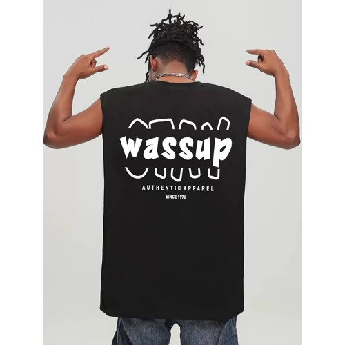 WASSUP潮牌純棉坎肩背心男夏季美式字母重磅休閒情侶運動無袖T恤