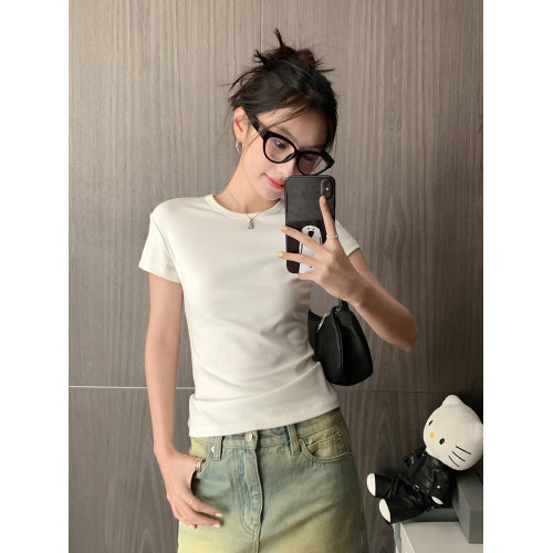 正肩短袖女t恤夏季白色內搭顯瘦圓領小飛袖修身黑色打底辣妹上衣